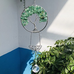 Glass Teardrop Pendant Decoration, Hanging Suncatchers, with Natural Green Aventurine Chip Tree of Life, for Window Home Garden Decoration, Butterfly, 370mm(DJEW-PW0019-05H)