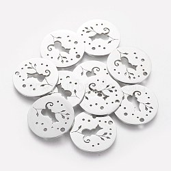 201 Stainless Steel Kitten Pendants, Flat Round with Cat & Branch, Stainless Steel Color, 20x1mm, Hole: 1.5mm(STAS-S105-T469)