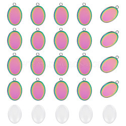 30Pcs Ion Plating(IP) 304 Stainless Steel Pendant Cabochon Settings, Plain Edge Bezel Cups, Oval, with 30Pcs Oval Glass Cabochons, Rainbow Color, Tray: 18x13mm, 22x14x1.5mm, Hole: 1.5mm(STAS-UN0049-14)
