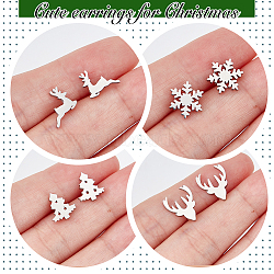 ANATTASOUL 4 Pairs 4 Style Christmas Tree & Deer & Snowflake Exquisite Titanium Steel Stud Earrings for Women, Stainless Steel Color, 8~12.5x9~10mm, Pin: 0.6mm, 1 Pair/style(EJEW-AN0002-38)