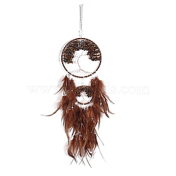 Retro Style Iron & Natural Tiger Eye Pendant Hanging Decoration, Woven Net/Web with Feather Wall Hanging Wall Decor, 160mm(PW-WG38430-06)