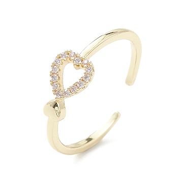 Clear Cubic Zirconia Hollow Heart Open Cuff Ring, Brass Jewelry for Women, Real 18K Gold Plated, Inner Diameter: 18mm