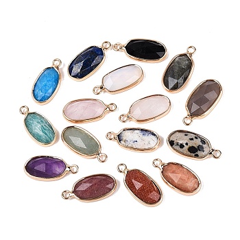Natural & Synthetic Mixed Stone Pendants, Oval Charms, with Light Gold Tone Brass Findings, Faceted, Mixed Dyed and Undyed, 17~19x8~9x3.5~4.5mm, Hole: 1.5~1.6mm