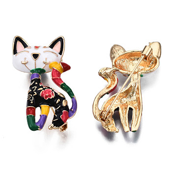 Cat with Flower Enamel Pin, Light Gold Plated Alloy Badge for Backpack Clothes, Nickel Free & Lead Free, Colorful, 39.5x26mm, Pin: 0.7mm