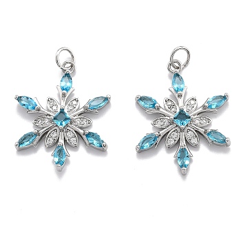 Brass Cubic Zirconia Pendants, Long-Lasting Plated, Snowflake, 925 Sterling Silver Plated, 24.5x19x4mm, Hole: 3.6mm