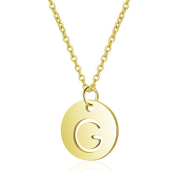 201 Stainless Steel Initial Pendants Necklaces, with Cable Chains, Flat Round with Letter, Golden, Letter.G, 16.3 inch(40cm), 1mm