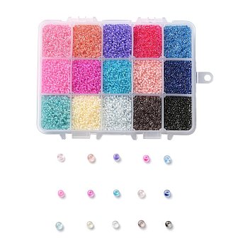 375G 15 Colors 12/0 Grade A Round Glass Seed Beads, Transparent Inside Colours, Mixed Color, 2.3x1.5mm, Hole: 1mm, 25g/color, about 40000pcs/box