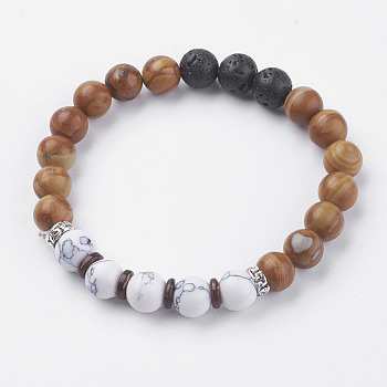 Natural Lava Rock & Wood Lace Stone & Coconut Stretch Bracelets, with Natural Howlite and Alloy Findings, 2 inch(5~5.2cm)