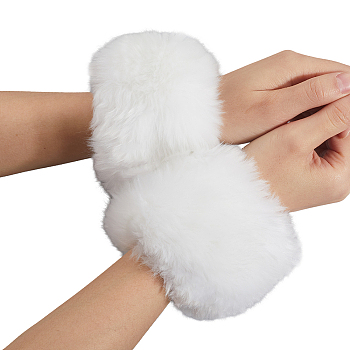 Women Imitation Rabbit Hair Cuffs Oversleeve Arm Gloves, Winter Warm Plush Windproof Wristband Jacket Accessories, White, 80x130x20mm