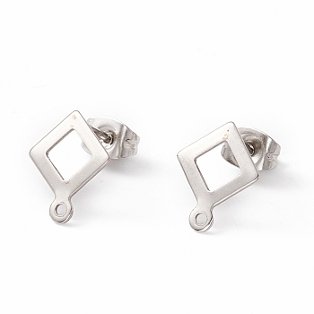 201 Stainless Steel Stud Earring Findings, with 304 Stainless Steel Pins, Horizontal Loops and Ear Nuts, Rhombus, Stainless Steel Color, 12x9.5mm, Hole: 1mm, Pin: 0.8mm