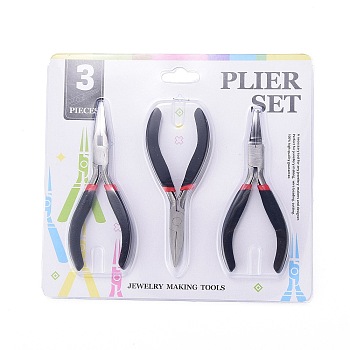Carbon Steel Jewelry Pliers Sets, Polishing, Flat Nose, Round Nose Pliers and Wire Cutter, Black, Gunmetal, 12.2~13cm