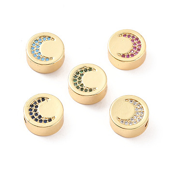 Rack Plating Brass Micro Pave Cubic Zirconia Beads, Cadmium Free & Lead Free, Real 18K Gold Plated, Flat Round with Moon Pattern, Mixed Color, 11x5mm, Hole: 2mm