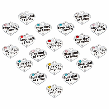 ARRICRAFT 42Pcs 7 Style Wedding Theme Antique Silver Tone Tibetan Style Alloy Heart with Step Dad of Bride Rhinestone Charms, Cadmium Free & Lead Free, Mixed Color, 14x16x3mm, Hole: 2mm, 6pcs/style