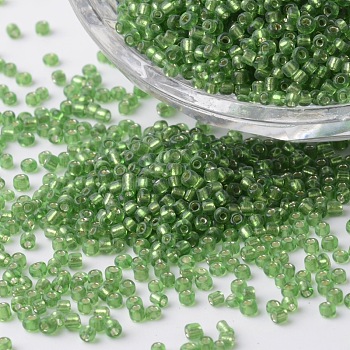 12/0 Silver Lined Round Glass Seed Beads, Yellow Green, 2~3x1.5~2mm, Hole: 0.8~1mm, about 37500pcs/pound