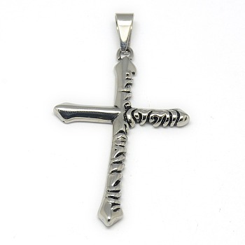 Fashionable Retro 304 Stainless Steel Cross Pendants, Antique Silver, 53x34x3mm, Hole: 4x7mm