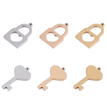 Unicraftale 304 Stainless Steel Charms, Laser Cut, Polishing, Key and Lock, Mixed Color, 17~20x13mm, Hole: 1mm, 12pcs/box