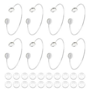 8Pcs Adjustable 304 Stainless Steel Cuff Bangle Making, Flat Round Tray, with 20Pcs Transparent Glass Cabochons, Stainless Steel Color, Inner Diameter: 2-1/2 inch(6.5cm), Tray: 10mm