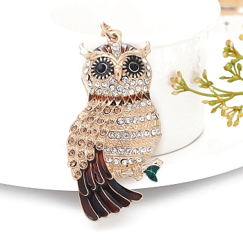 Alloy Rhinestone Keychains, with Enamel, Owl, Coconut Brown, Pendant: 75x40mm