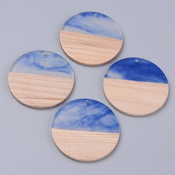 Resin & Wood Pendants, Two Tone, Flat Round, Blue, 38x2~3mm, Hole: 2mm