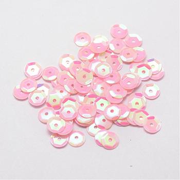 Plastic Paillette Beads, Semi-cupped Sequins Beads, Center Hole, Pink, 12x0.5mm, Hole: 1mm