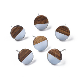 Transparent Resin & Walnut Wood Stud Earrings, with 316 Stainless Steel Pins, Flat Round, Light Steel Blue, 10mm, Pin: 0.7mm