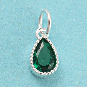 925 Sterling Silver Charms, with Cubic Zirconia, Faceted Teardrop, Silver, Green, 8.5x5x3mm, Hole: 3mm