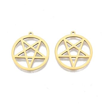 Ion Plating(IP) 201 Stainless Steel Pendants, Hollow, Ring with Star, Real 18K Gold Plated, 27x25x1.5mm, Hole: 1.4mm