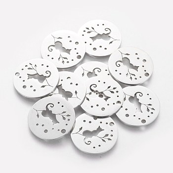201 Stainless Steel Kitten Pendants, Flat Round with Cat & Branch, Stainless Steel Color, 20x1mm, Hole: 1.5mm