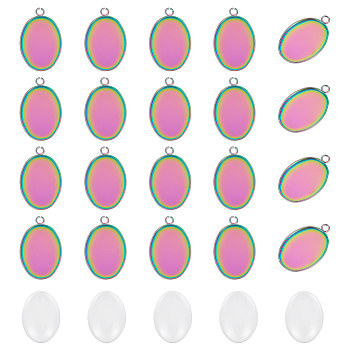 30Pcs Ion Plating(IP) 304 Stainless Steel Pendant Cabochon Settings, Plain Edge Bezel Cups, Oval, with 30Pcs Oval Glass Cabochons, Rainbow Color, Tray: 18x13mm, 22x14x1.5mm, Hole: 1.5mm