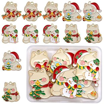12Pcs 4 Style Christmas Theme Alloy Enamel Pendants, Light Gold, Cat with Christmas Tree/Bell/Snowman Charm, Mixed Color, 26~30x26~30x1.5mm, Hole: 2.1mm, 3pcs/style