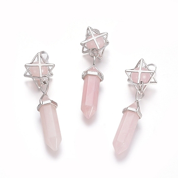 Natural Rose Quartz Pendants, Pointed Pendants, with Platinum Tone Brass Findings, Star & Bullet, 72mm, Hole: 7x5mm