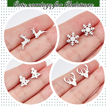 ANATTASOUL 4 Pairs 4 Style Christmas Tree & Deer & Snowflake Exquisite Titanium Steel Stud Earrings for Women, Stainless Steel Color, 8~12.5x9~10mm, Pin: 0.6mm, 1 Pair/style