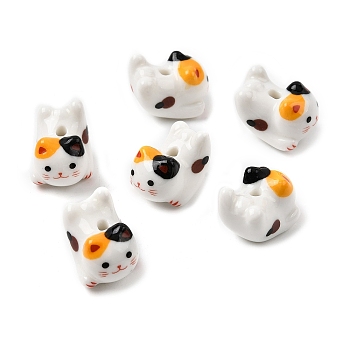 Handmade Porcelain Beads, Cat Shape, Printed, Colorful, 21x16x17mm, Hole: 3mm