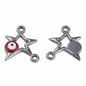 304 Stainless Steel Enamel Connector Charms, Stainless Steel Color, Star with Evil Eye, Dark Red, 16x13.5x3mm, Hole: 1.6mm