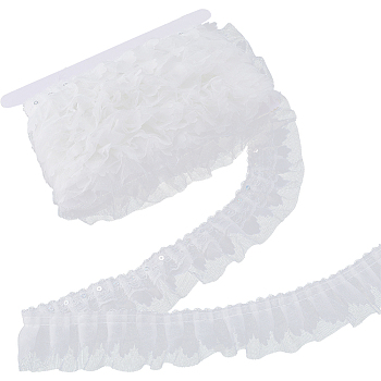 10M Polyester Flower Lace Ribbon with Paillettes, Ruffled Lace Trim for Costume Decoration, White, 2 inch(50mm)