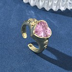 Brass Pave Cubic Zirconia Cuff Open Rings for Women, Heart, with Glass, Long-Lasting Plated, Rack Plating, Real 18K Gold Plated, Pink, 11mm, US Size 7 3/4(17.9mm)(RJEW-L343-08G-02)