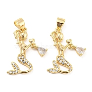 Brass Micro Pave Clear Cubic Zirconia Pendants, Mermaid Charms, Real 18K Gold Plated, 21.5x13x3mm, Hole: 5x3.2mm(ZIRC-L077-043G)