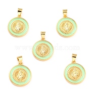 Brass Enamel Pendants, Cadmium Free & Lead Free, Long-Lasting Plated, Flat Round with Virgin Mary, Real 18K Gold Plated, Pale Green, 18x16x2.5mm, Hole: 4.5x3.5mm(KK-P209-02G-10-RS)