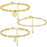 Anklets Sets, with Brass Micro Pave Cubic Zirconia Charms, 304 Stainless Steel Chain Extender & Figaro Chains & Pendant  & Lobster Claw Clasps & Cable Chains & Coffee Bean Chains, Letter.O, 9x6x1.5mm, 8-1/2 inch(21.5cm), 3pcs/set(AJEW-AN00383-15)