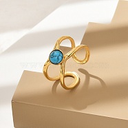 Natural Turquoise Finger Rings, 304 Stainless Steel Open Cuff Rings, Real 18K Gold Plated, Round, 7mm, Adjustable(RJEW-Q006-01F-G)