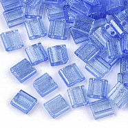 2-Hole Glass Seed Beads, Transparent Spray Painted, with Glitter Powder, Rectangle, Dodger Blue, 5x4.5~5.5x2~2.5mm, Hole: 0.5~0.8mm(X-SEED-S023-39C-02)