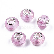 Transparent Handmade Lampwork European Beads, Large Hole Beads, with Silver Color Brass Double Cores, Rondelle, Pink, 14.5x10mm, Hole: 5mm(X-LAMP-T008-01)