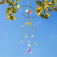Glass Round Pendant Decorations, Hanging Suncatchers, with Brass Ring, for Home Garden Decorations, Moon & Sun, Colorful, 450mm(PW-WG53718-01)