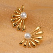 304 Stainless Steel ABS pearl Stud Earrings, White, Fan, 30x18mm(EJEW-S226-07G-02)