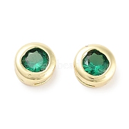 Brass with Single Cubic Zirconia Slide Charms, Flat Round, Real 18K Gold Plated, Green, 5.5x3.5mm, Hole: 3x0.6mm(KK-C051-27G-02)