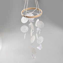 Dyed Natural Shell Slices Wind Chimes, with ABS Plastic Butterfly, Blessing Hanging Pendant, for Garden Patio Balcony Decoration, White, 640mm(HJEW-WH20010-13C)