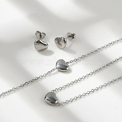 Non-Tarnish 304 Stainless Steel Jewelry Sets, Pendant Necklaces & Stud Earrings & Bracelets, Heart, Stainless Steel Color, 16.93 inch(43cm), 6-3/4 inch(17cm), 7x9x2.5mm, Pin: 0.8mm(X-SJEW-H144-23P)