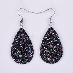 PU Leather Dangle Earrings, with 316 Surgical Stainless Steel Earring Hooks, teardrop, Black, 59~61mm, Pin: 0.7mm(EJEW-JE03217-01)