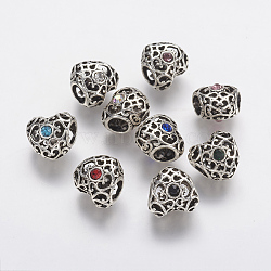 Tibetan Style Alloy Rhinestone European Beads, Large Hole Beads, Hollow Heart, Antique Silver, Mixed Color, 12x12.5x9.5mm, Hole: 5mm(PALLOY-F202-38)