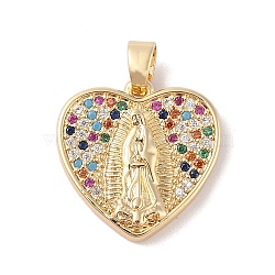 Brass Cubic Zirconia Pendants, Long-Lasting Plated, Heart with Holy Virgin Charms, Golden, Colorful, 20x20x3.5mm, Hole: 5x3mm(KK-Z050-10G-02)